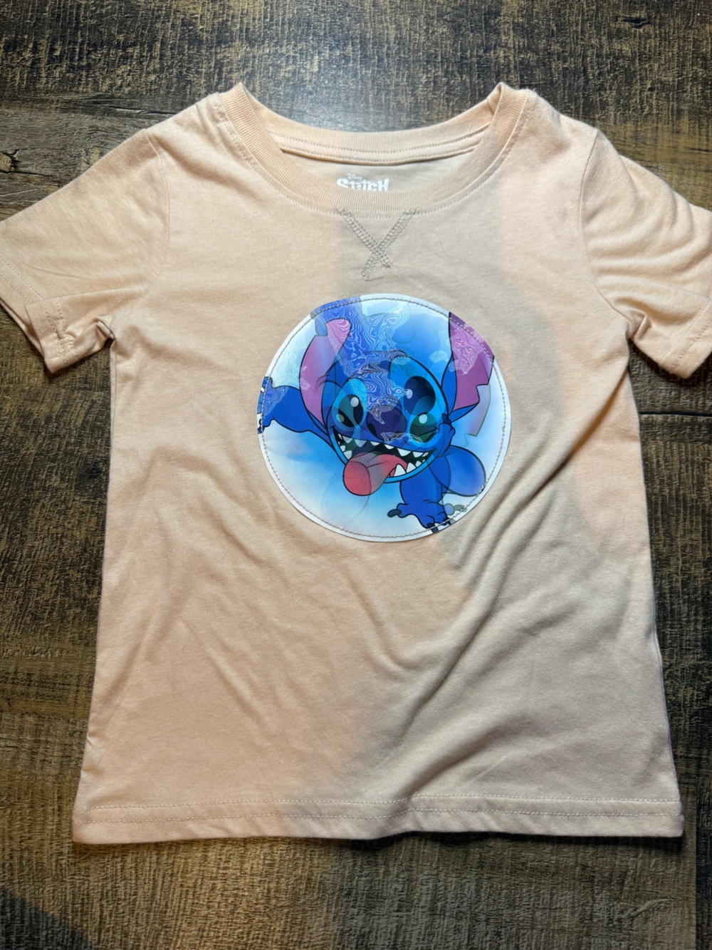 Disney Peach Tee with Blue Stitch Circle Patch